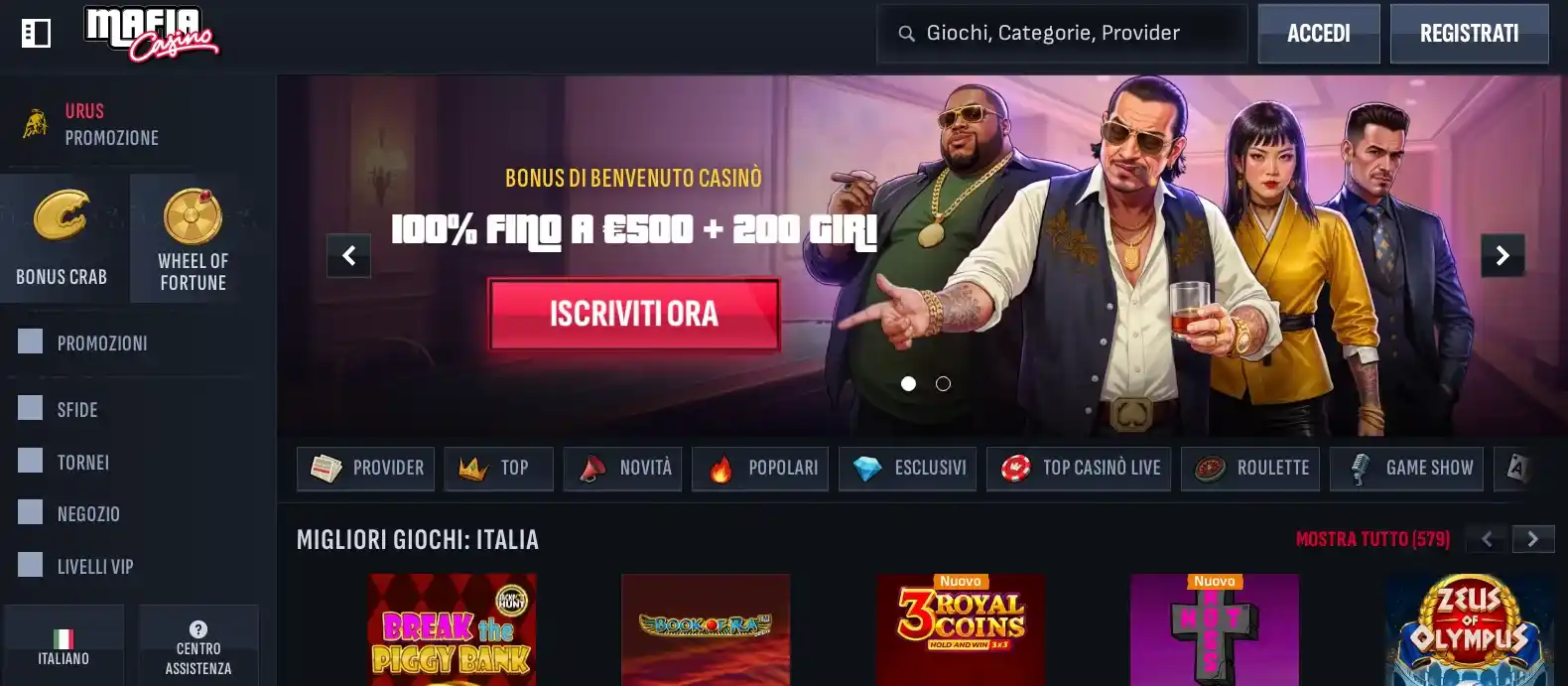 Mafia Casino – 100% fino a €500 con Live Chat Italiana 24/7